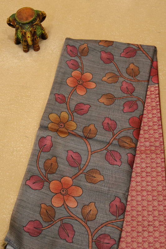 Tussar Saree Zari Lotus Pattern - Pink