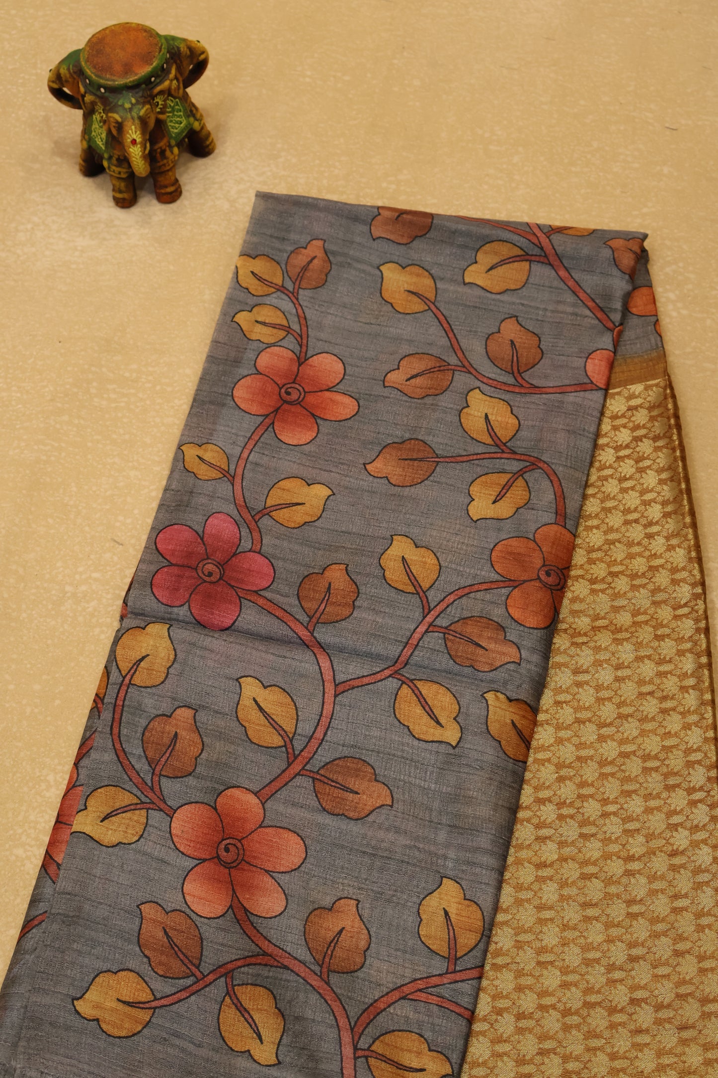 Tussar Saree Zari Lotus Pattern - Mustard