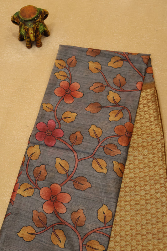 Tussar Saree Zari Lotus Pattern - Mustard