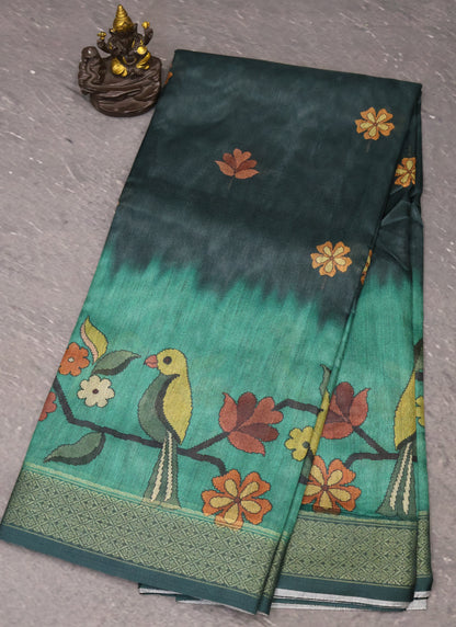 Jute Tussar Saree-Bottle Green Bird Print