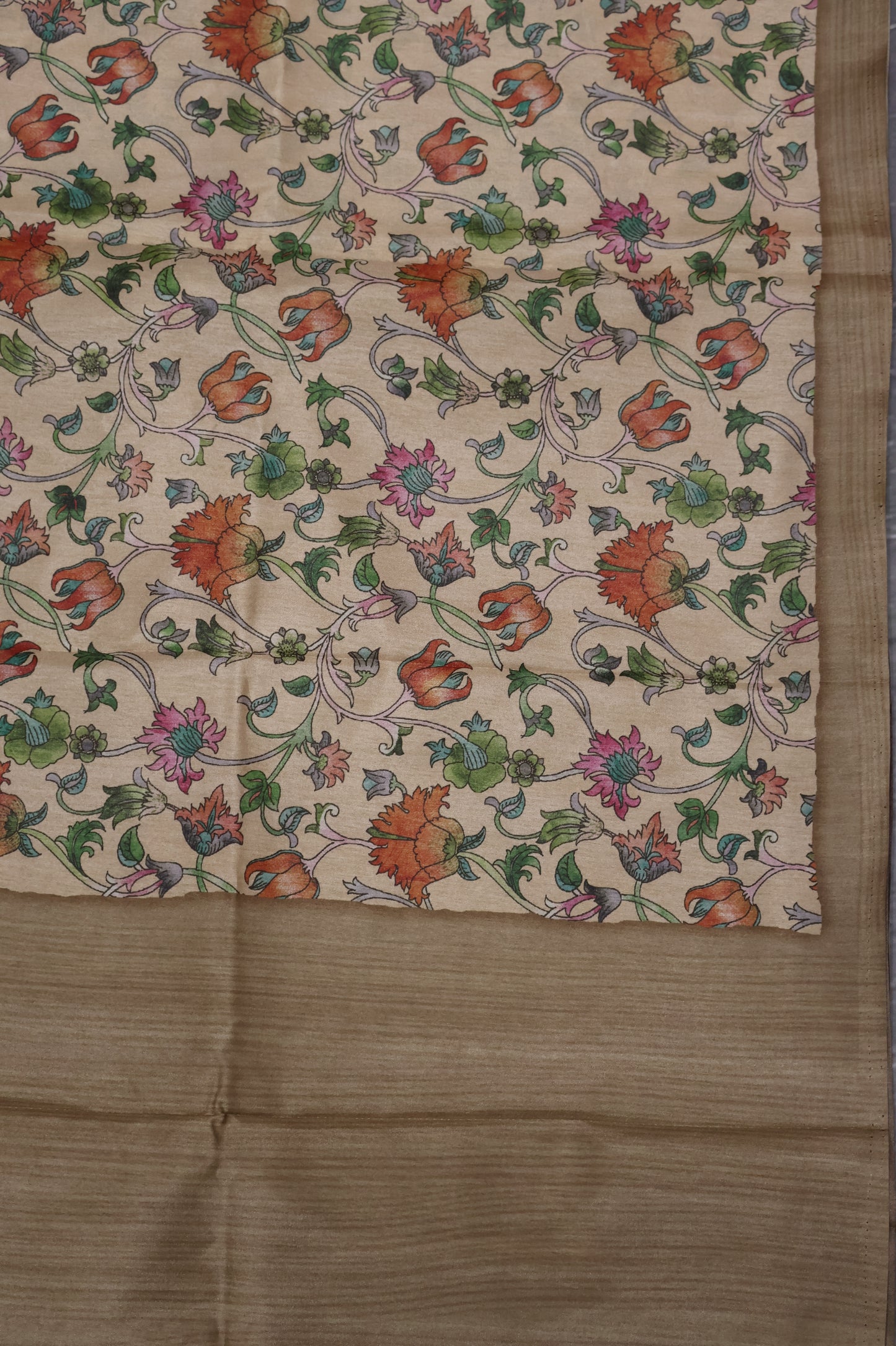 Semi Printed Silk Saree -Sandal Kalamkari Body