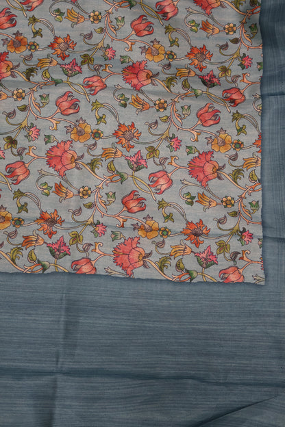 Semi Printed Silk Saree -Blue Kalamkari Body