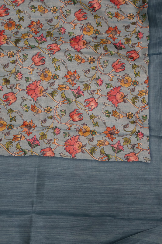 Semi Printed Silk Saree -Blue Kalamkari Body