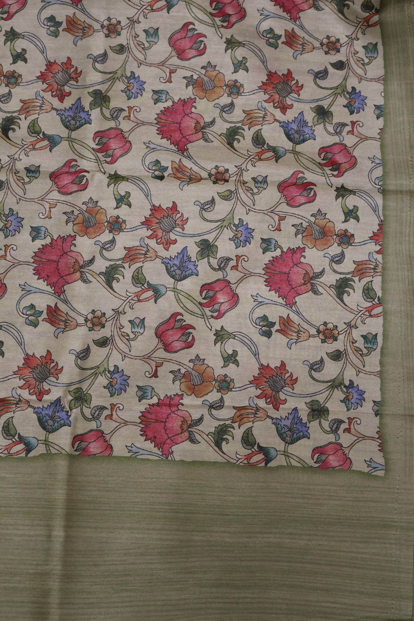 Semi Printed Silk Saree -Green Kalamkari Body