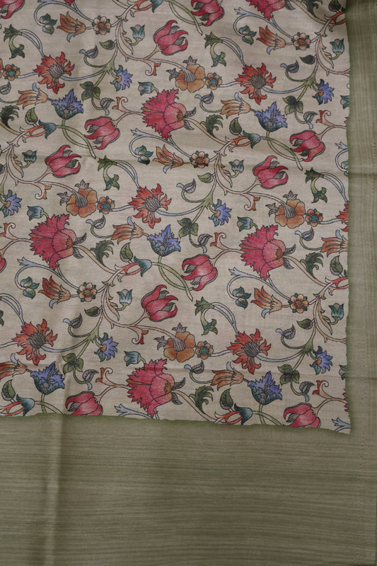 Semi Printed Silk Saree -Green Kalamkari Body