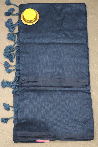 Khadi Cotton Saree-Dark Peacock Blue Plain