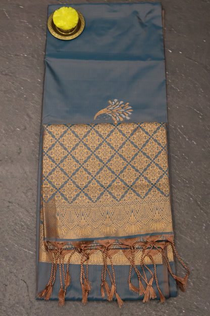 Semi Soft Silk Saree-Floral Pattern-Peacock Blue