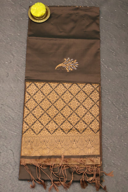 Semi Soft Silk Saree-Floral Pattern-Dark Brown