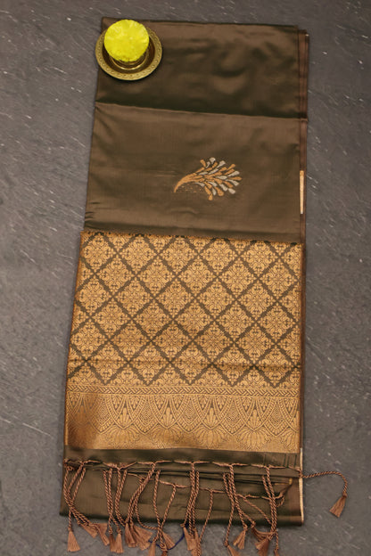 Semi Soft Silk Saree-Floral Pattern-Army Green