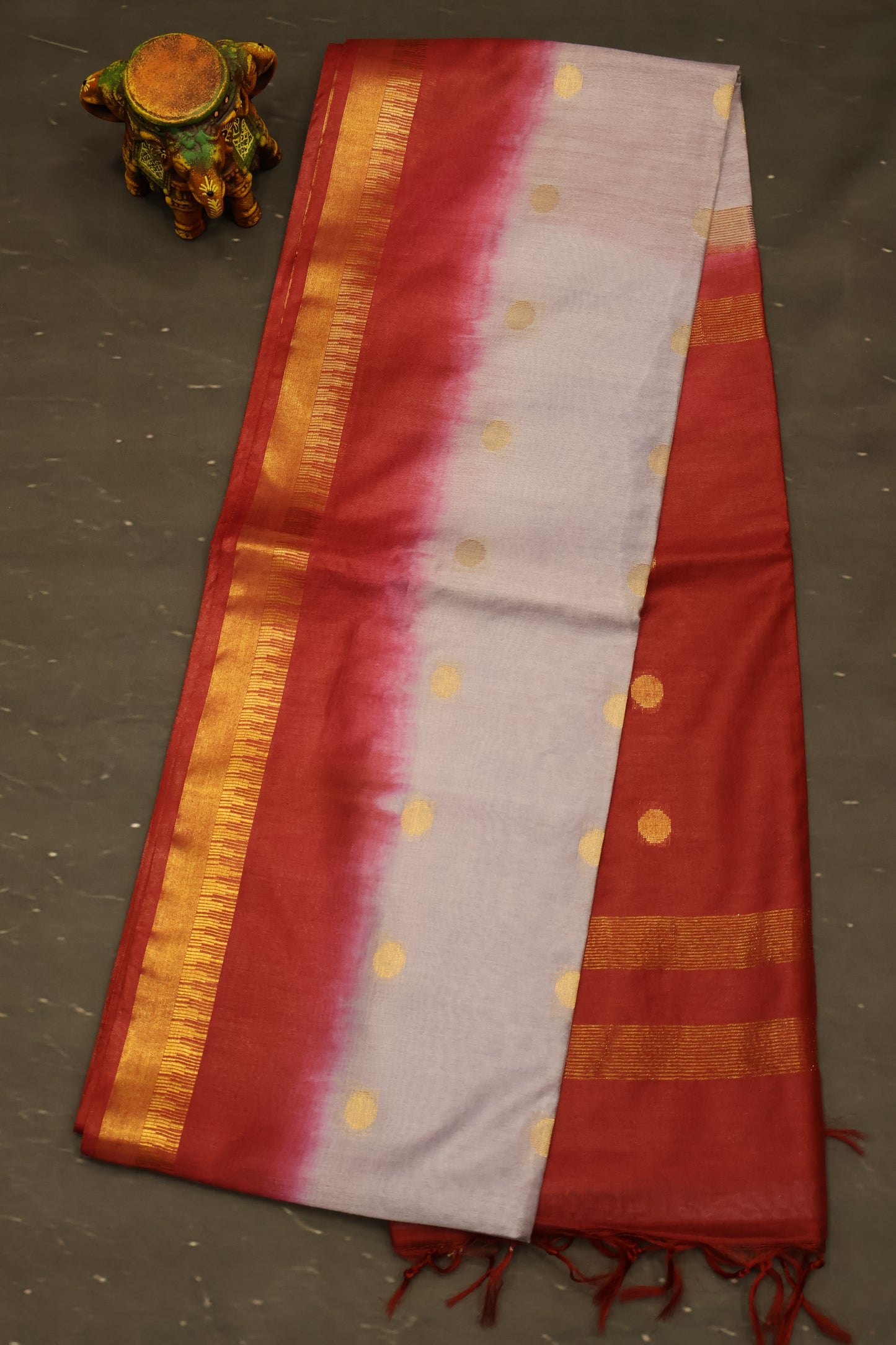 Semi Bhagalpur Tussar Saree-Grey-Maroon