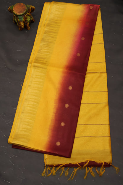 Semi Bhagalpur Tussar Saree-Maroon-Turmeric Yellow
