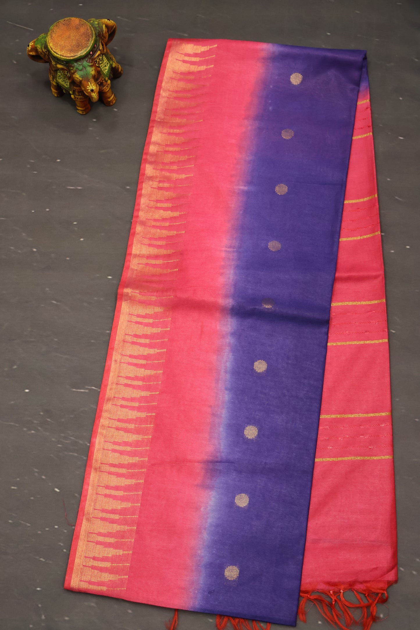 Semi Bhagalpur Tussar Saree-Blue-Peach Pink