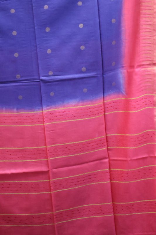 Semi Bhagalpur Tussar Saree-Blue-Peach Pink