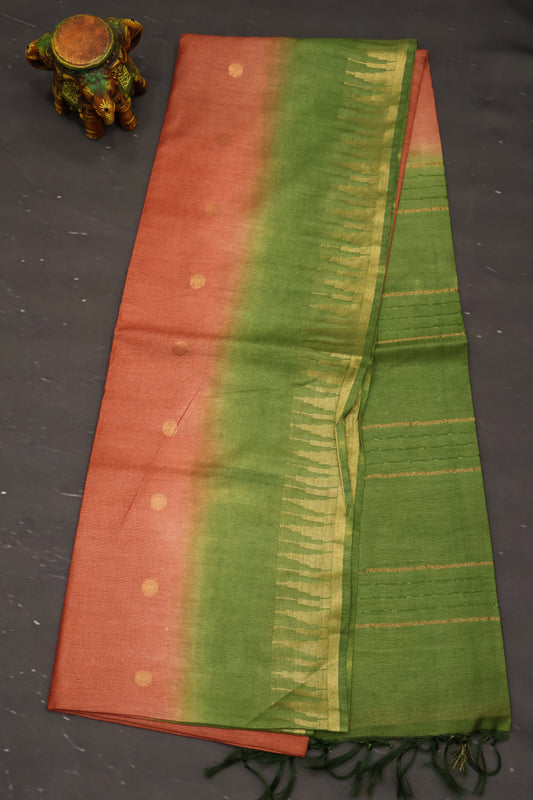 Semi Bhagalpur Tussar Saree-Rust-Green