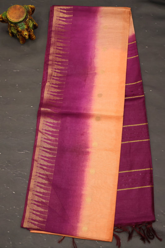 Semi Bhagalpur Tussar Saree-Peach-Purple