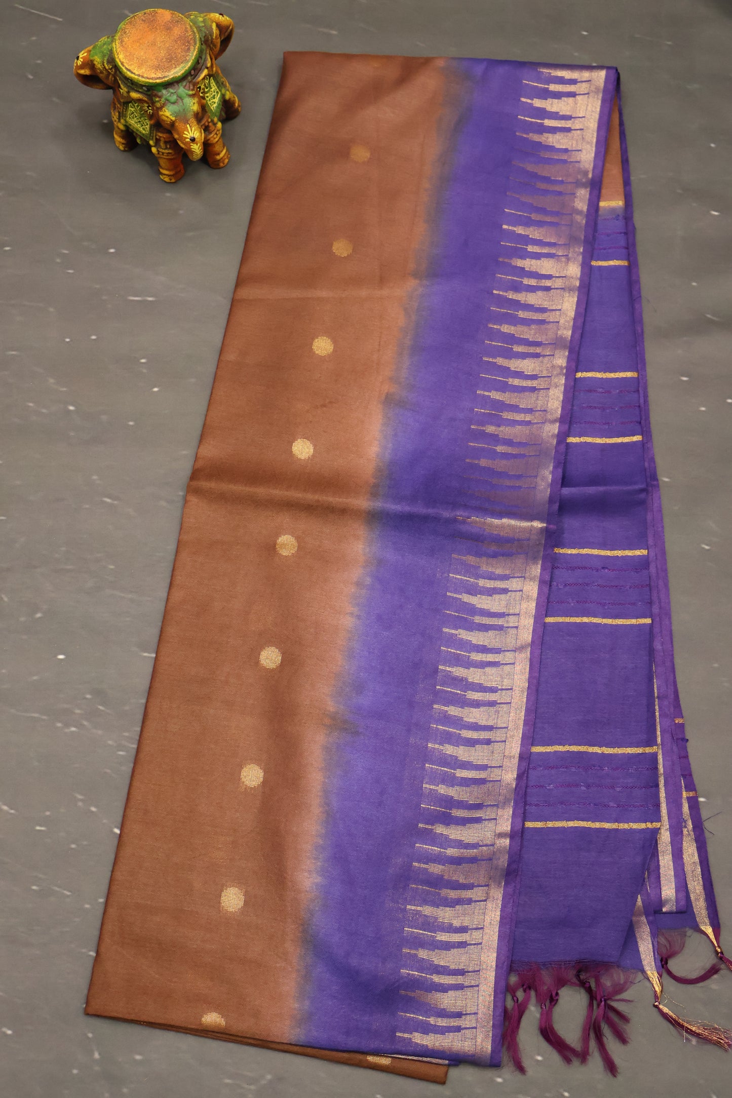Semi Bhagalpur Tussar Saree-Brown-Blue