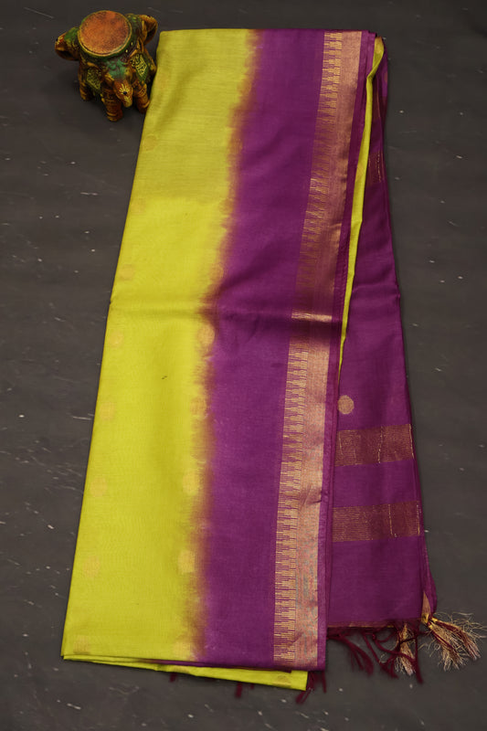 Semi Bhagalpur Tussar Saree-Yellow-Purple