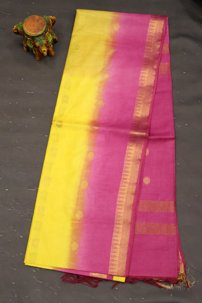 Semi Bhagalpur Tussar Saree-Yellow-Pink