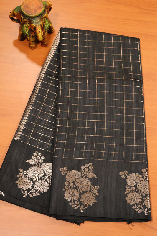 Semi Katan Silk Saree- Zari Checks-Black