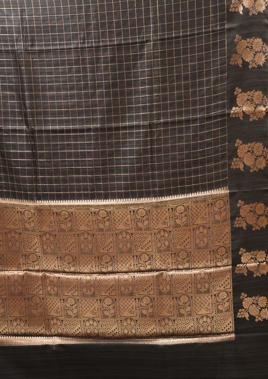 Semi Katan Silk Saree- Zari Checks-Black