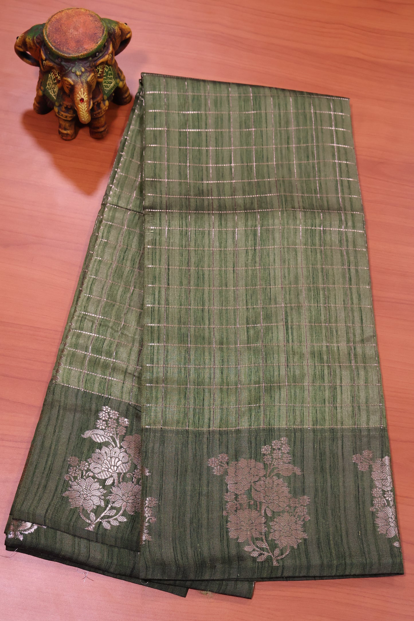 Semi Katan Silk Saree- Zari Checks-Sage Green