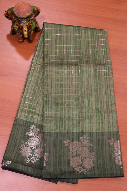 Semi Katan Silk Saree- Zari Checks-Sage Green