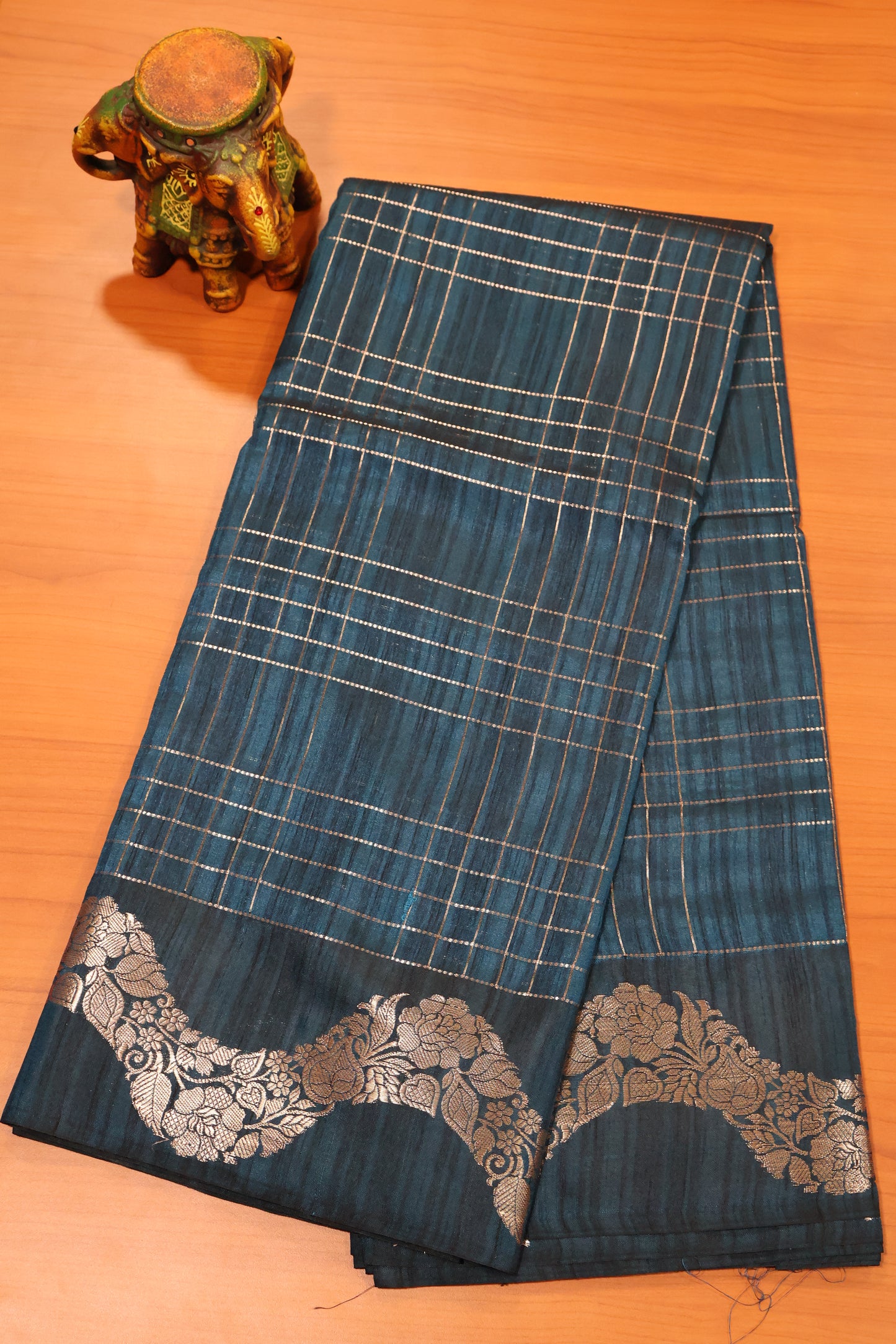 Semi Katan Silk Saree- Zari Checks-Peacock Blue