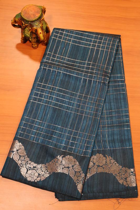 Semi Katan Silk Saree- Zari Checks-Peacock Blue