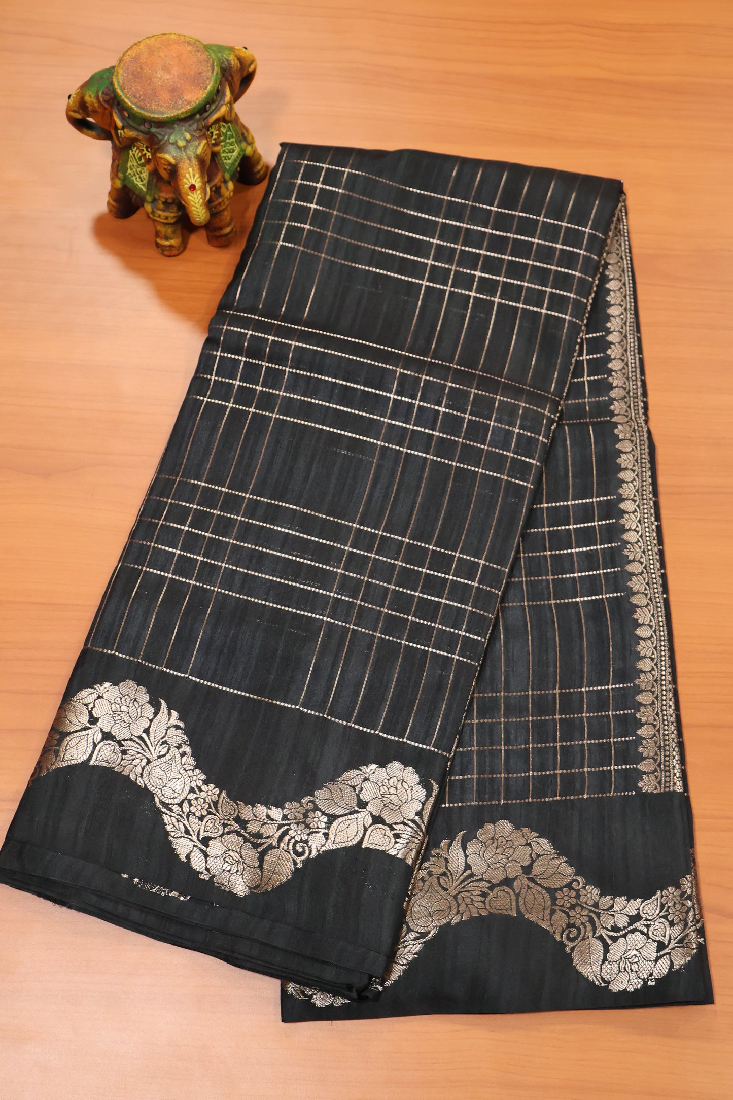 Semi Katan Silk Saree- Zari Checks-Black