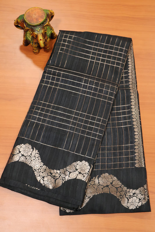 Semi Katan Silk Saree- Zari Checks-Black