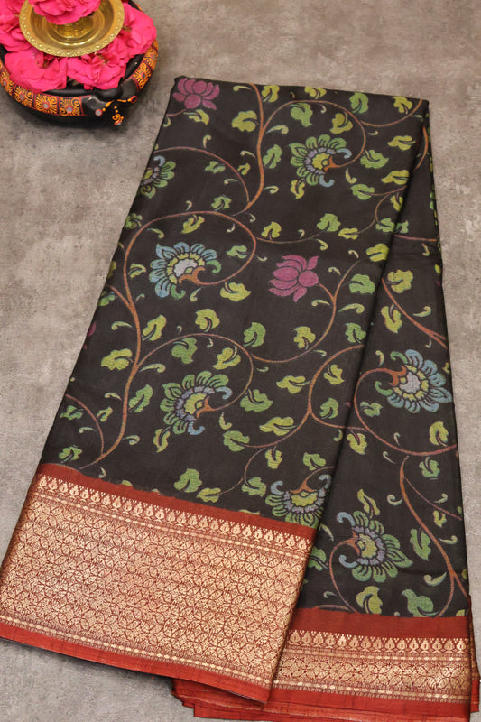 Dola Silk Saree Vine motif-Black