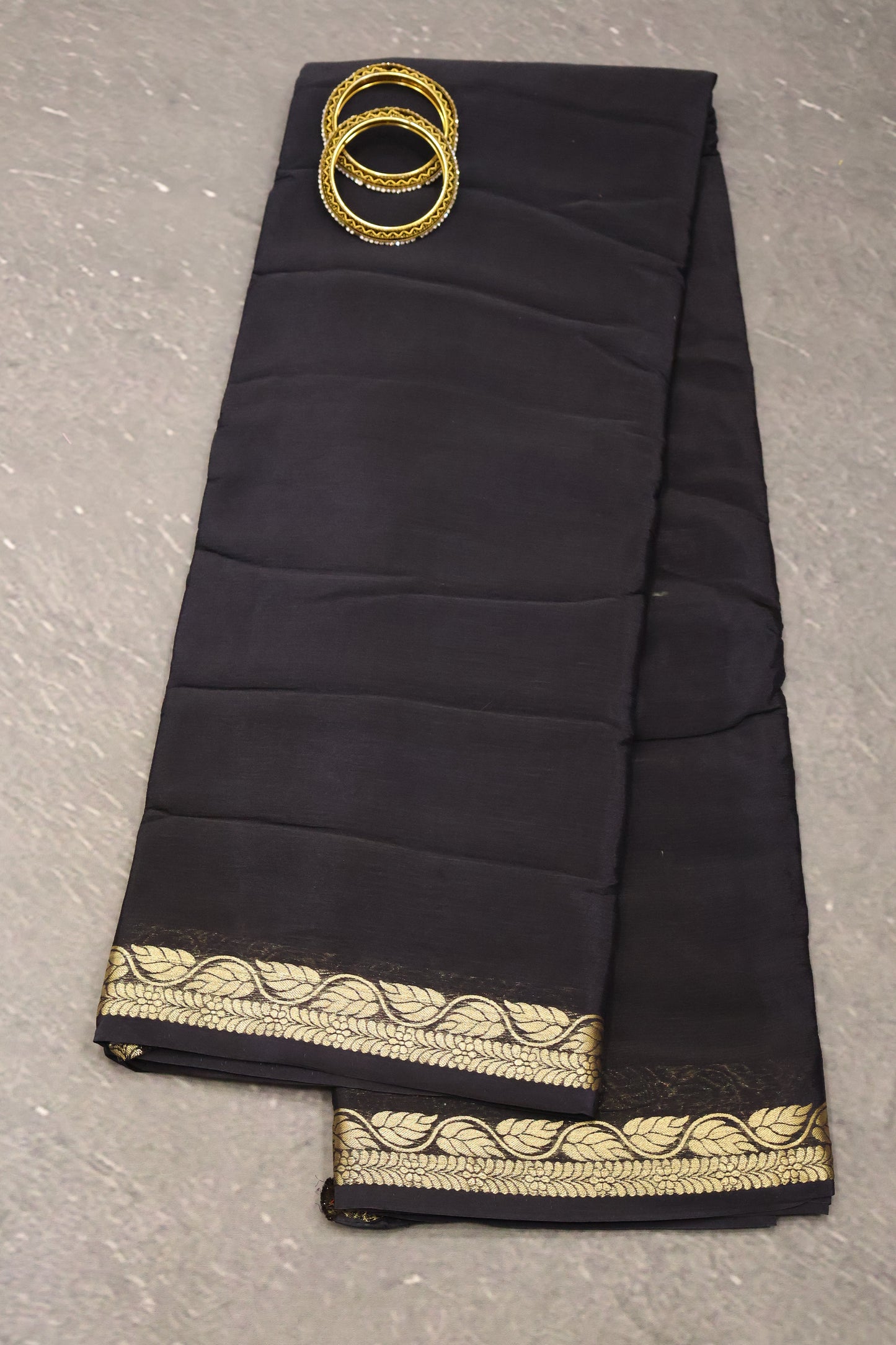 Semi Mysore Silk Saree-Leaf Buta-Black
