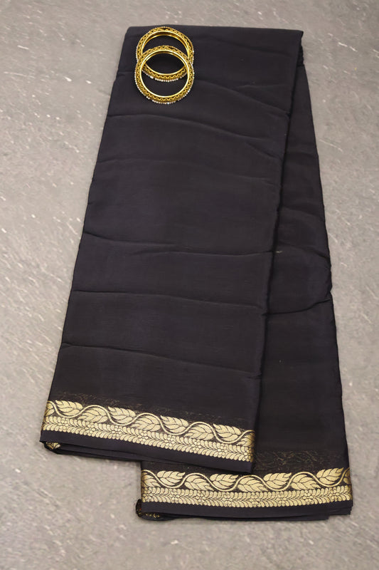 Semi Mysore Silk Saree-Leaf Buta-Black