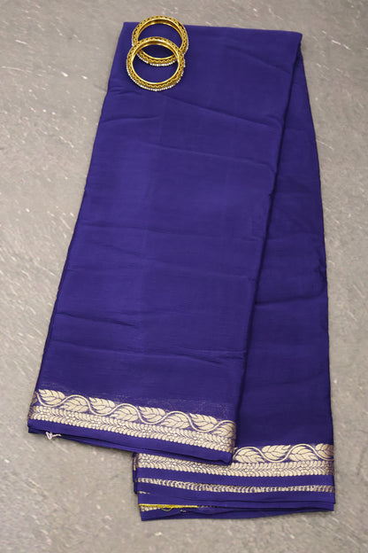Semi Mysore Silk Saree-Leaf Buta-Dark Blue
