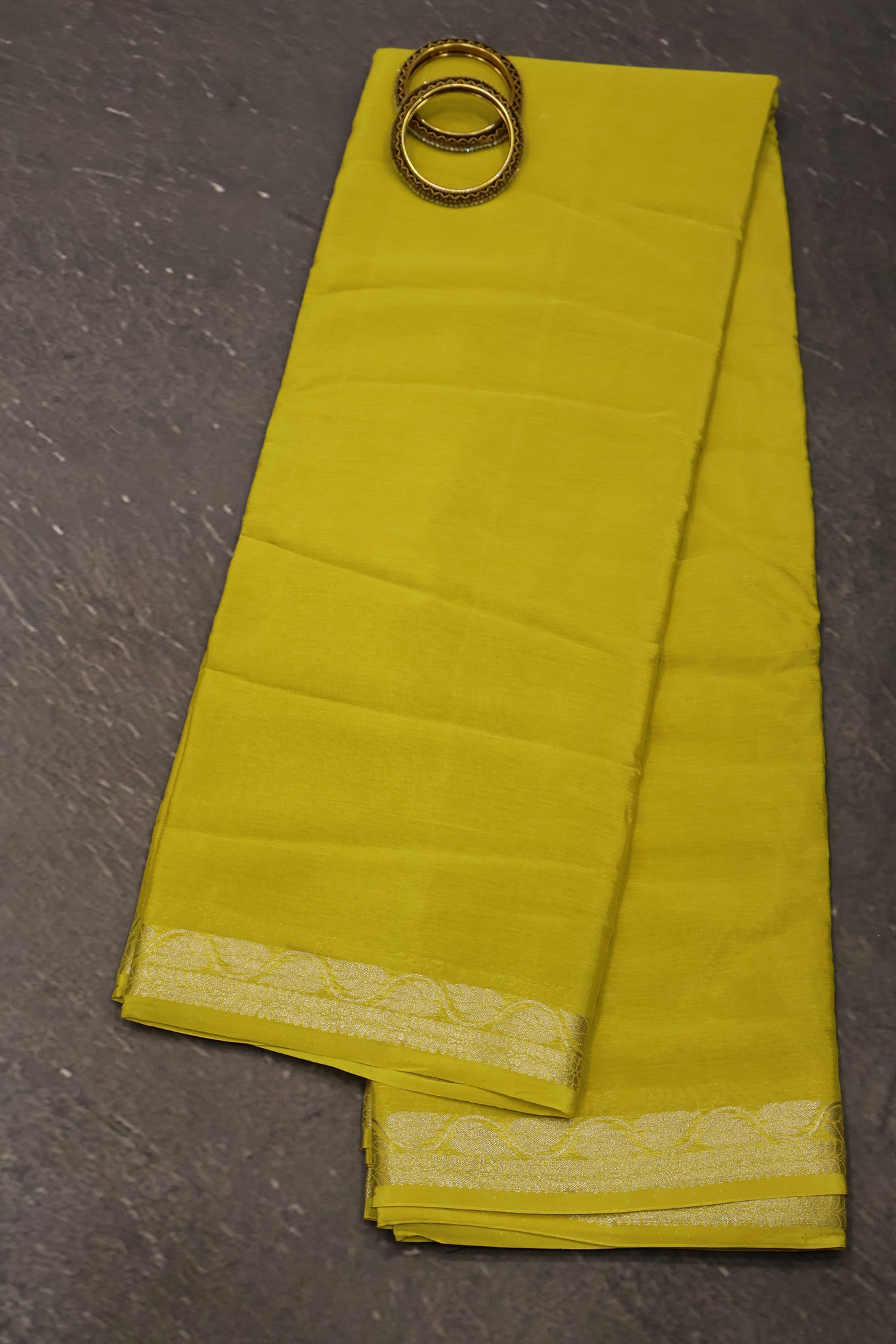 Semi Mysore Silk Saree-Leaf Buta-Yellow