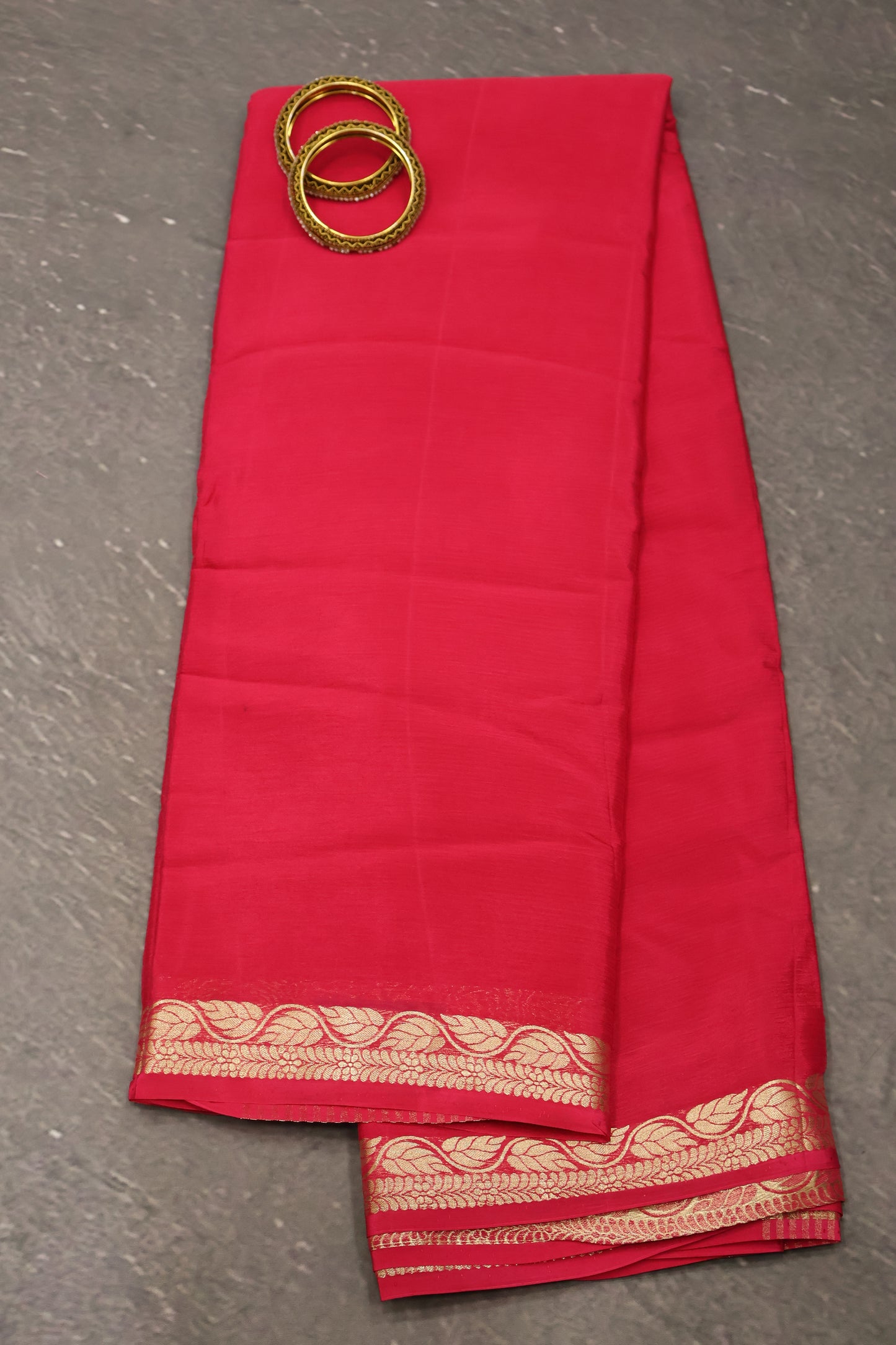 Semi Mysore Silk Saree-Leaf Buta-Rani Pink
