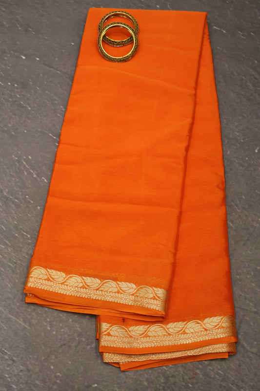 Semi Mysore Silk Saree-Leaf Buta-Orange