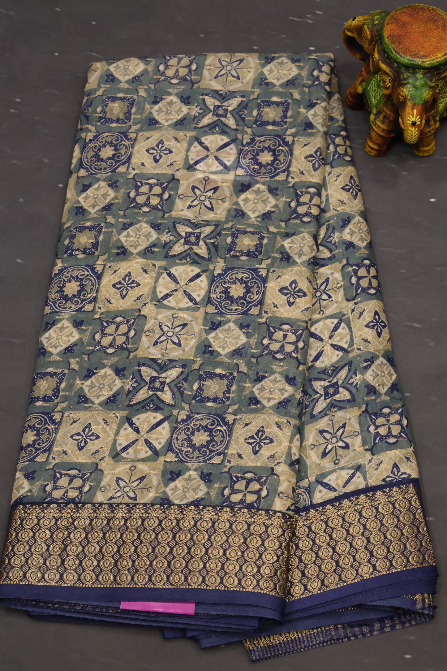 Chanderi Saree-Blue Floral Checks
