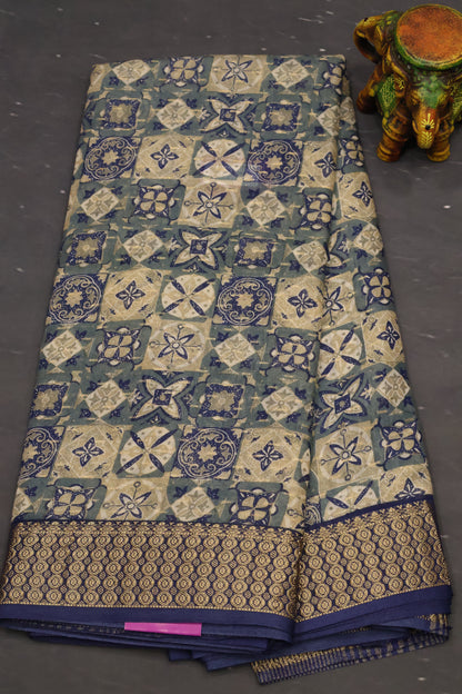 Chanderi Saree-Blue Floral Checks