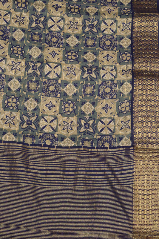 Chanderi Saree-Blue Floral Checks