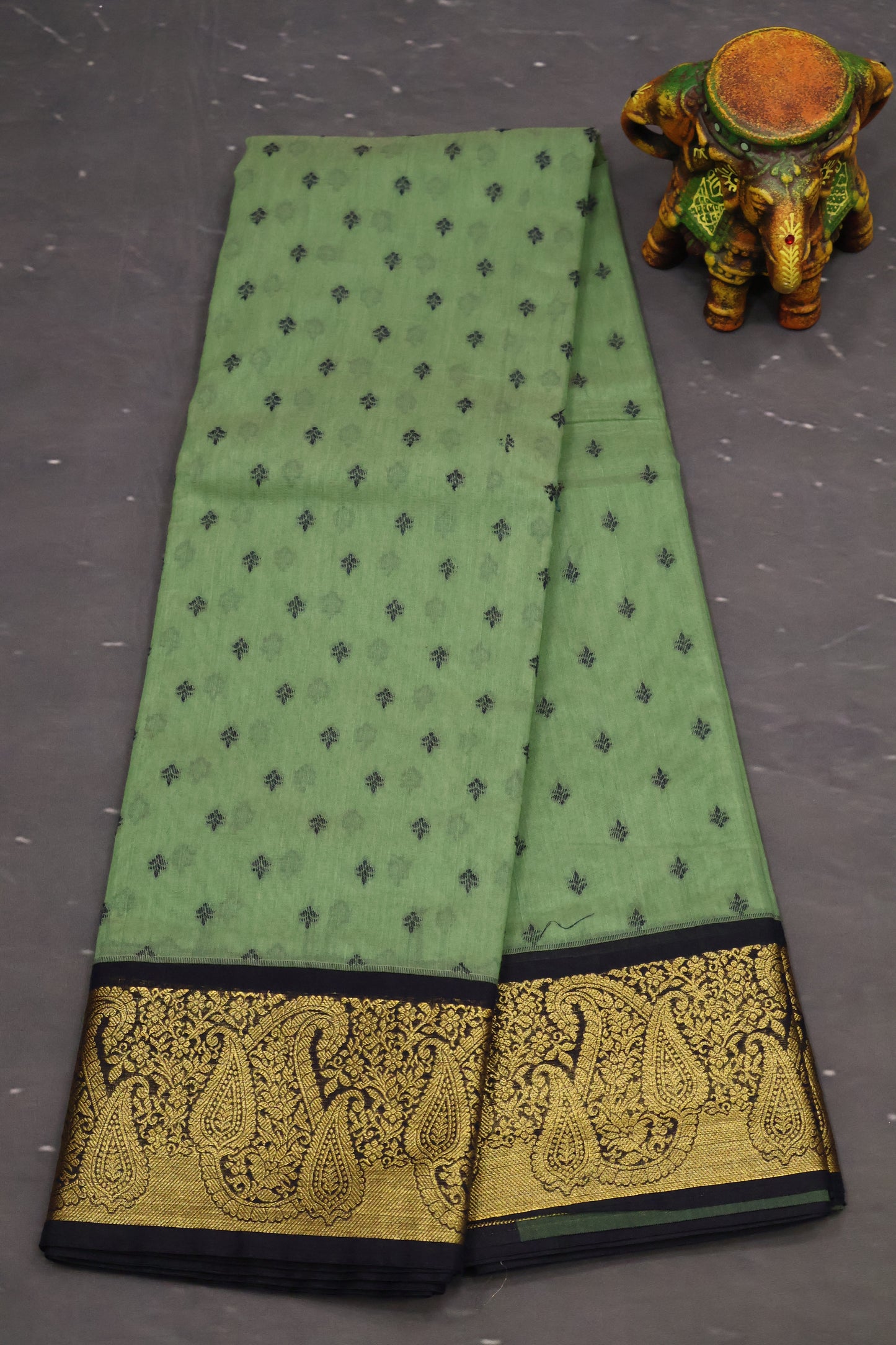 Kora Silk Cotton Saree - Green Manga Border