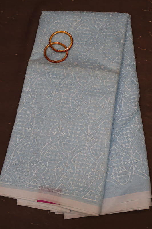 Tissue Kota Saree - Embroidery-Sky blue