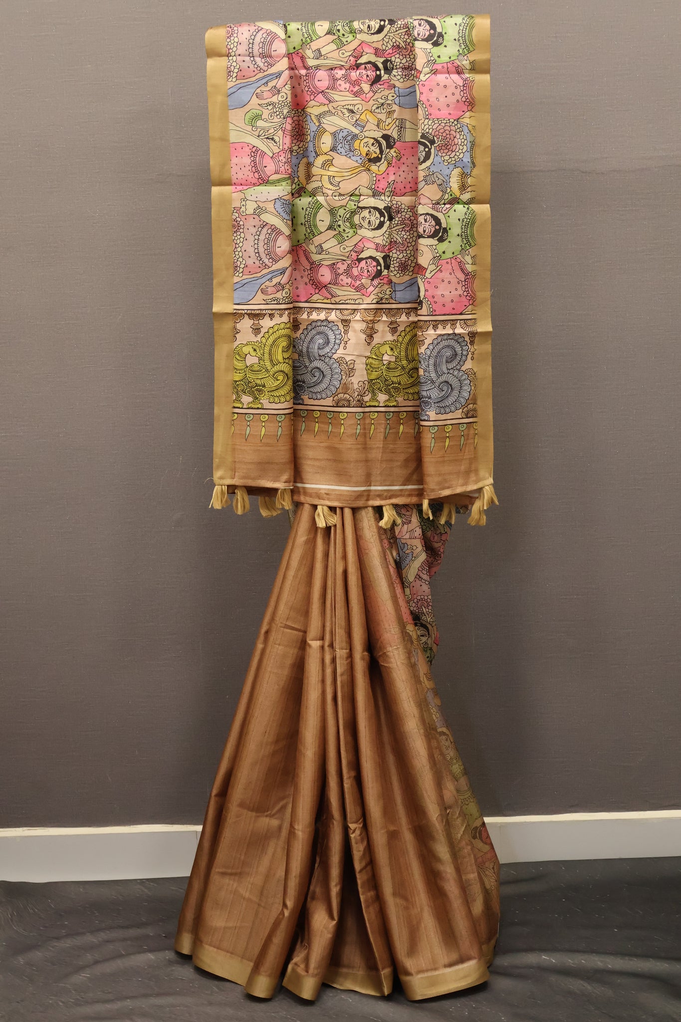 Art Mulberry Silk Saree-Sandal Penn Kalamkari