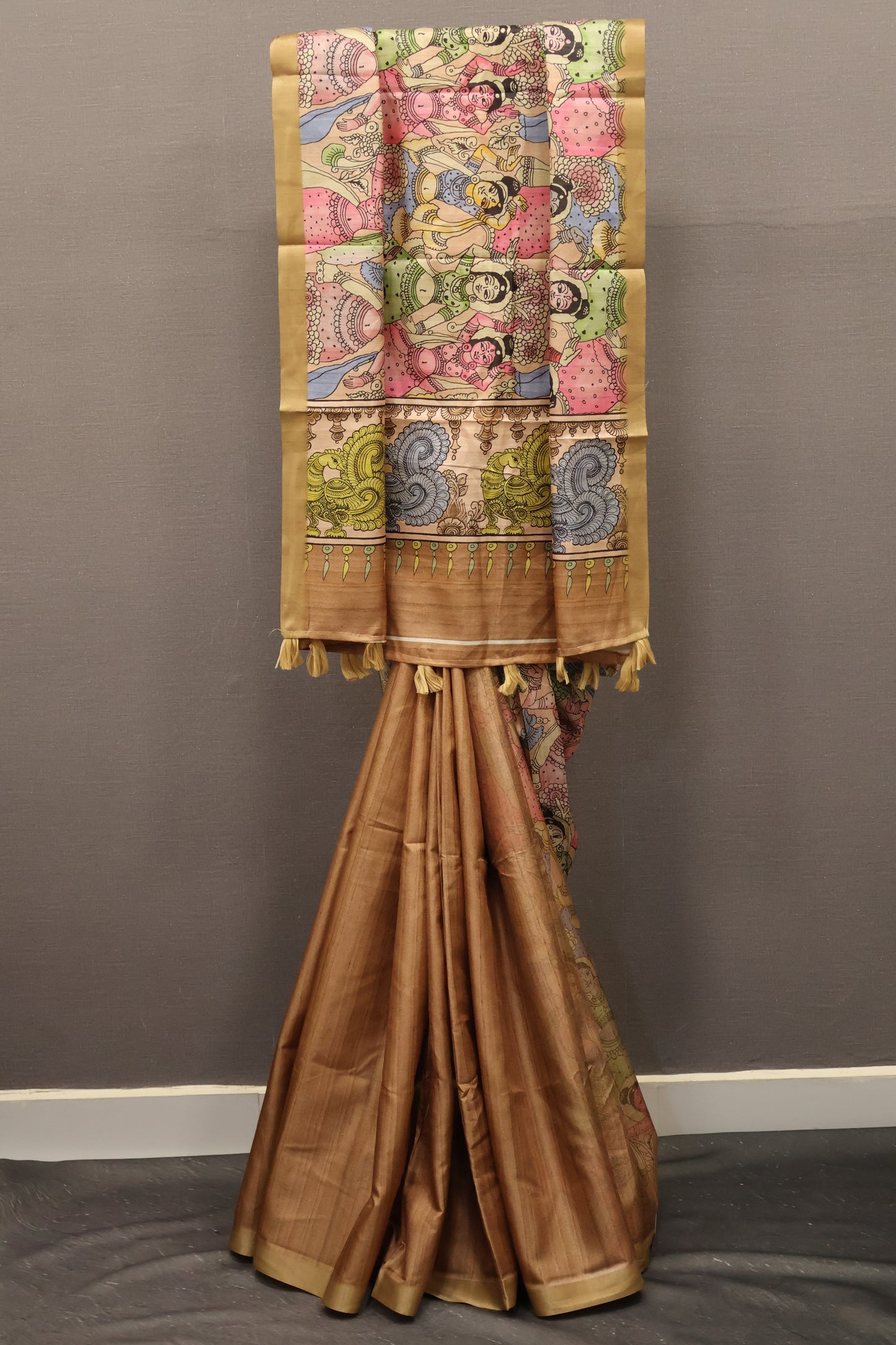 Art Mulberry Silk Saree-Sandal Penn Kalamkari