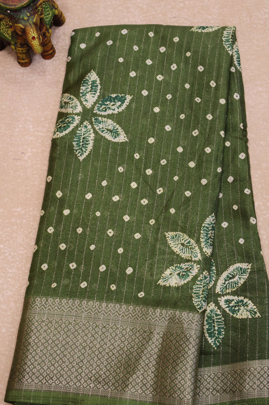 Dola Silk Saree Zari Lines-Olive Green