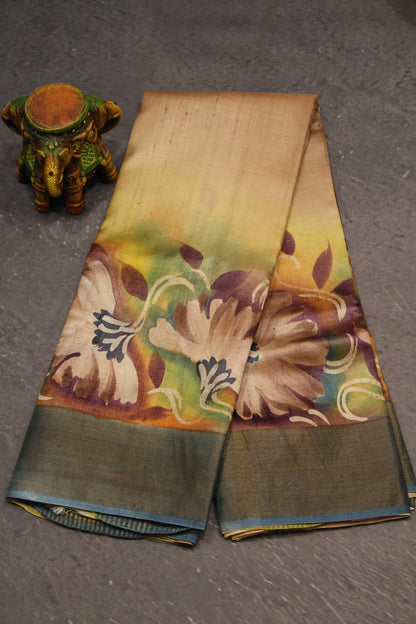 Pure Tussar Saree - Beige Floral Border