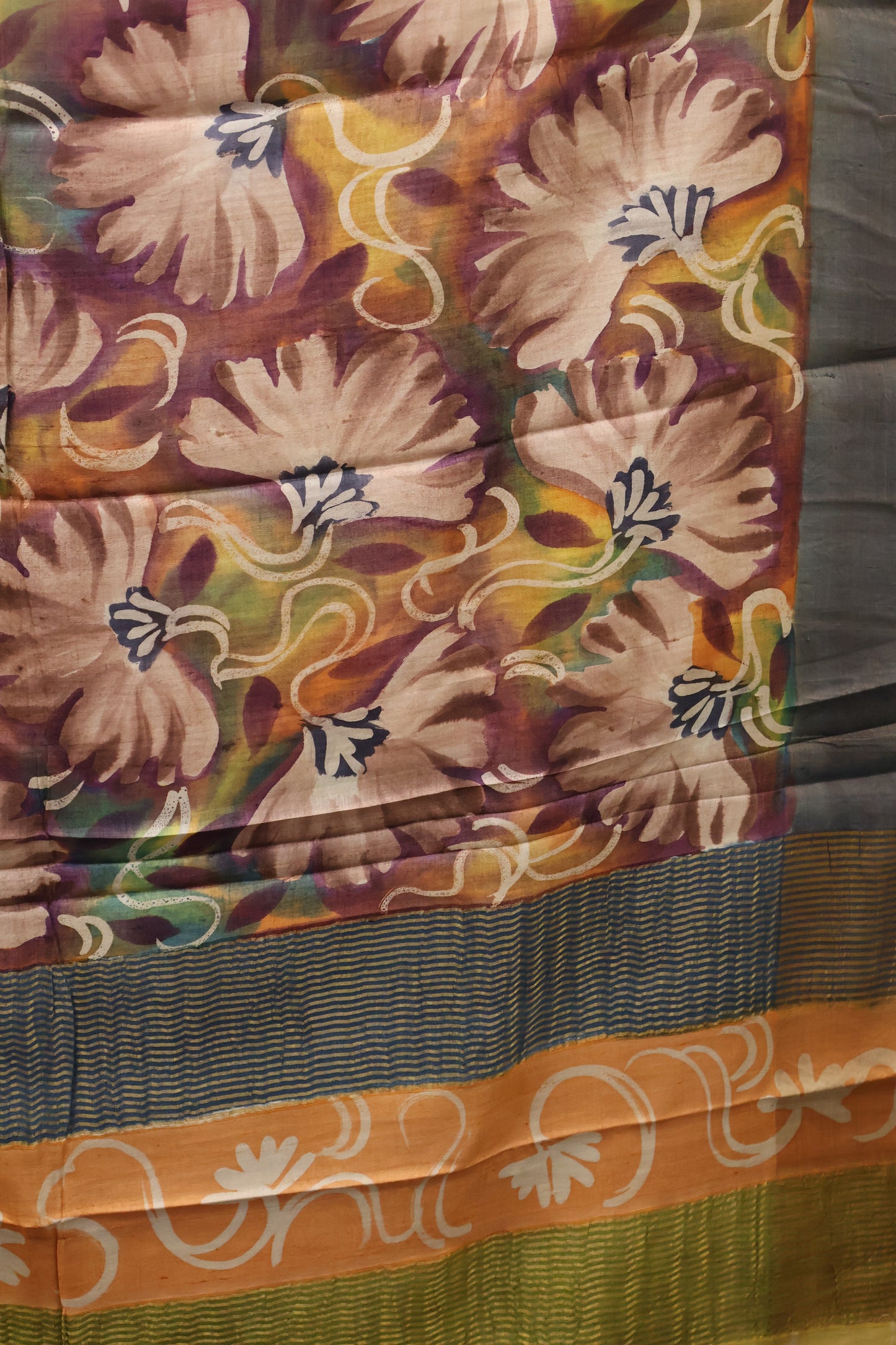 Pure Tussar Saree - Beige Floral Border