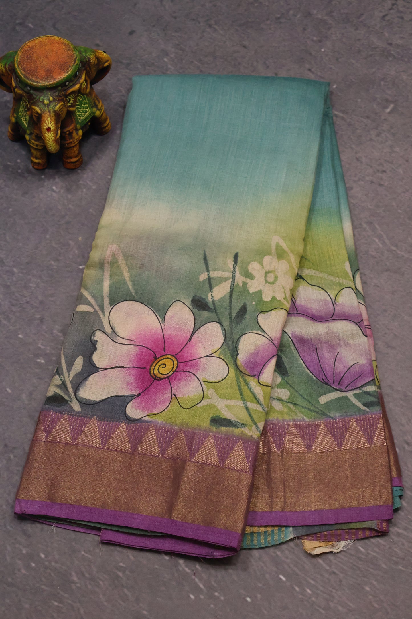 Pure Tussar Saree - Green Floral Border