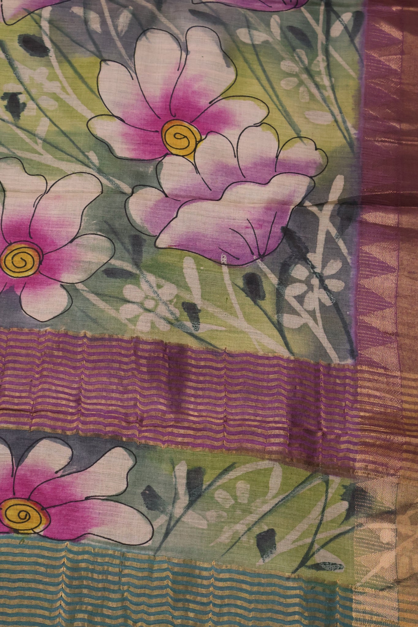 Pure Tussar Saree - Green Floral Border