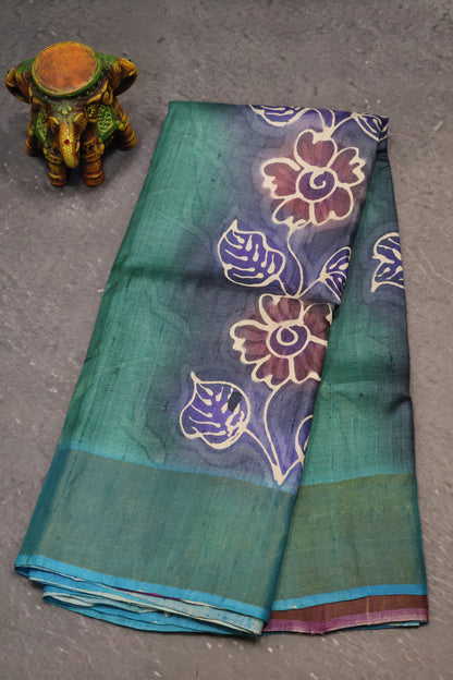 Pure Tussar Saree - Peacock Green Floral Border